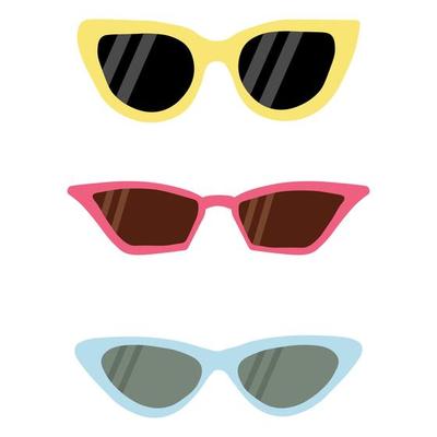 A set of pink, blue and yellow frame sunglasses with black and dark lenses. Vector illustration in flat style