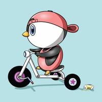 un niño pingüino está tratando de aprender a andar en bicicleta vector