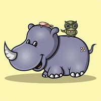 the friendship of a rhino and an owl vector