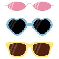 A set of pink, blue and yellow frame sunglasses with black and dark lenses. Vector illustration in flat style