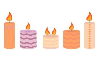 Burning cute wax and paraffin scented candles. Candles decor for home and comfort, holiday vector