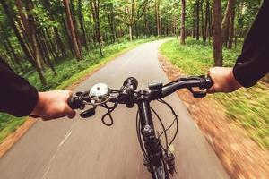 Mountain biking down hill descending fast. View from bikers eyes. Motion blurred photo