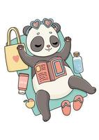 Summer panda lying on the beach towel with book spf 30 slippers water apple vector illustration