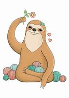 Cute sloth with flower and yarn balls vector