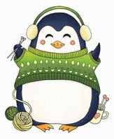 Penguin in green sweater with knitting needles vector illustration