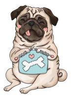 Pug dog knitting blanket with bone, vector illustration for knitting and crochet lovers