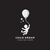 vector child dream logo, reaching logo template with balloon and moon concept