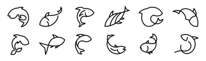 Fish line icon set,Fish related icons thin vector set black and white