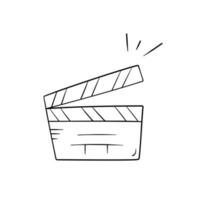 Clapperboard in doodle style, vector illustration. Movie clapper icon for print and design. Isolated element on a white background. Film making outline sign hand drawn