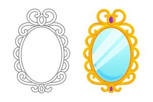 Magic mirror in cartoon style, vector illustration. Oval gold frame for game design. Fairy vintage mirror wich purple diamond. Isolated element on a white background, graphic template for design
