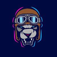 Funny funky aviator pilot lion Line. Pop Art logo. Colorful design with dark background. Abstract vector illustration. Isolated black background for t-shirt, poster, clothing, merch, apparel design