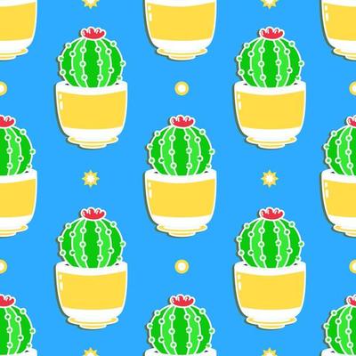 Funny cute happy cactus seamless pattern characters. Vector kawaii line cartoon style illustration. Cute cactus pattern