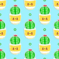 Funny cute happy cactus seamless pattern characters. Vector kawaii line cartoon style illustration. Cute cactus pattern