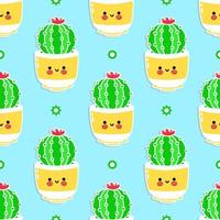 Funny cute happy cactus seamless pattern characters. Vector kawaii line cartoon style illustration. Cute cactus pattern