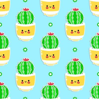 Funny cute happy cactus seamless pattern characters. Vector kawaii line cartoon style illustration. Cute cactus pattern