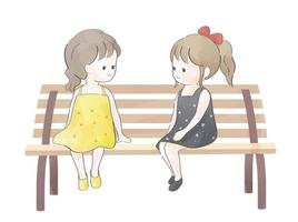 Watercolor Cute Girls Sitting On A Bench And Chatting. Vector Illustration Isolated On A White Background.