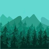 Vector green nature design illustration with mountains and forest view. Take a shoot on silhouette landscape. Travel and nature background.