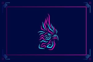 Rooster chicken neon logo line pop art portrait colorful design with dark background. Abstract vector illustration