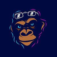 Funny funky monkey Line Pop Art logo. Colorful design with dark background. Abstract vector illustration. Isolated black background for t-shirt, poster, clothing, merch, apparel, badge design