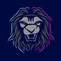 Lion head face vector silhouette line pop art potrait logo colorful design with dark background. Abstract vector illustration. Isolated black background for t-shirt, poster, clothing.