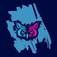 Owl bird night predator line pop art portrait logo colorful design with dark background. Abstract vector illustration. Isolated black background for t-shirt, poster, clothing, merch, apparel