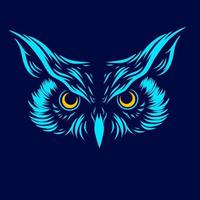 Owl bird night predator line pop art portrait logo colorful design with dark background. Abstract vector illustration. Isolated black background for t-shirt, poster, clothing, merch, apparel