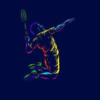 Badminton man smash shot vector silhouette line pop art potrait logo colorful design with dark background. Abstract vector illustration. Isolated black background for t-shirt, poster, clothing.