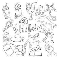 A collection of summer doodles - sea creatures, ice cream, hand lettering, cocktail, beach. In outline, black and white on a white background. vector
