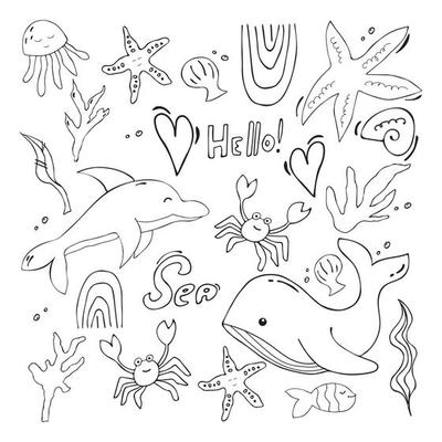 A collection sea doodles - sea creatures, fish, starfish, etc. In outline, black and white on a white background. 8215391 Vector Art at Vecteezy A collection sea doodles - sea creatures, fish, starfish, etc. In outline, black and white on a white background. 8215391 Vector Art at Vecteezy