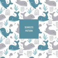 Vector hand-drawn colourful children's seamless repeating pattern with Scandinavian-style whales on a white background. Cute baby animals.