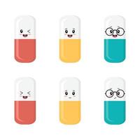 Vector emoji set with medicine pills in kawaii style. Funny cartoon emoticons.