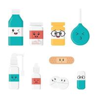 Medical smiley faces on white, medical capsules, pills, jars, syringe, plaster. Kawaii character.