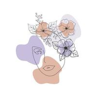 Pretty face of a girl with flowers on her head. Female beauty. Abstract continuous drawing in one line.