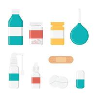 The topic of medicine. A set of medicines. Pills, capsules, jars, nasal spray, throat spray, syringe, plaster. Flat style illustration. vector