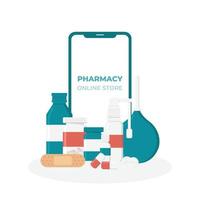 Buying pills online using a smartphone. The concept of ordering medicines online. Illustration on a white background.
