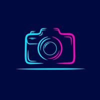 Camera dslr neon line art logo. Colorful design with dark background. Abstract vector illustration. Isolated black background for t-shirt, poster, clothing, merch, apparel, badge design
