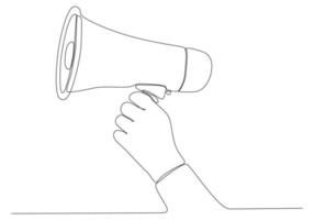 continuous line drawing of hand holding megaphone on white background vector illustration