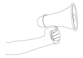 continuous line drawing of hand holding megaphone on white background vector illustration