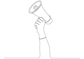 continuous line drawing of hand holding megaphone on white background vector illustration