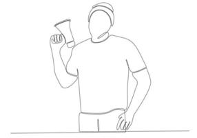 continuous line drawing of young man with megaphone on white background vector illustration