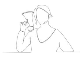 continuous line drawing of young woman with megaphone on white background vector illustration
