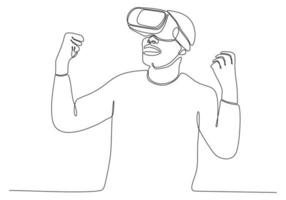 continuous line Man screaming and holding steering wheel of imaginary virtual car while standing on white background vector