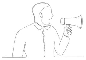 continuous line drawing of young man with megaphone on white background vector illustration