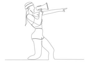 continuous line drawing of young woman with megaphone on white background vector illustration