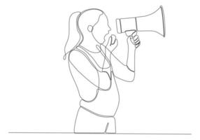 continuous line drawing of young woman with megaphone on white background vector illustration