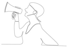 continuous line drawing of young woman with megaphone on white background vector illustration