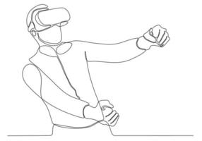 continuous line Man screaming and holding steering wheel of imaginary virtual car while standing on white background vector