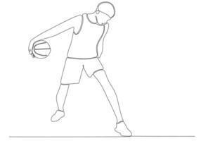 Continuous line art of man playing basketball vector