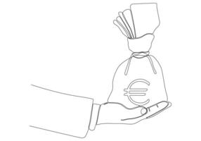 continuous line of hands holding money sacks euro vector illustration