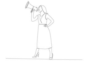 continuous line drawing of young woman with megaphone on white background vector illustration